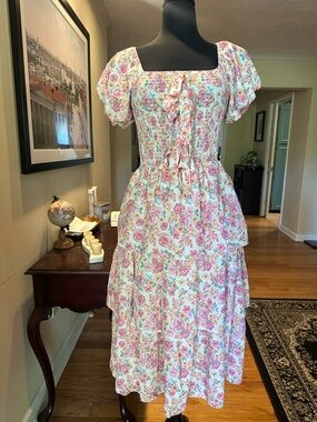 Simply Southern Pink and Green Floral Smocked Midi Dress